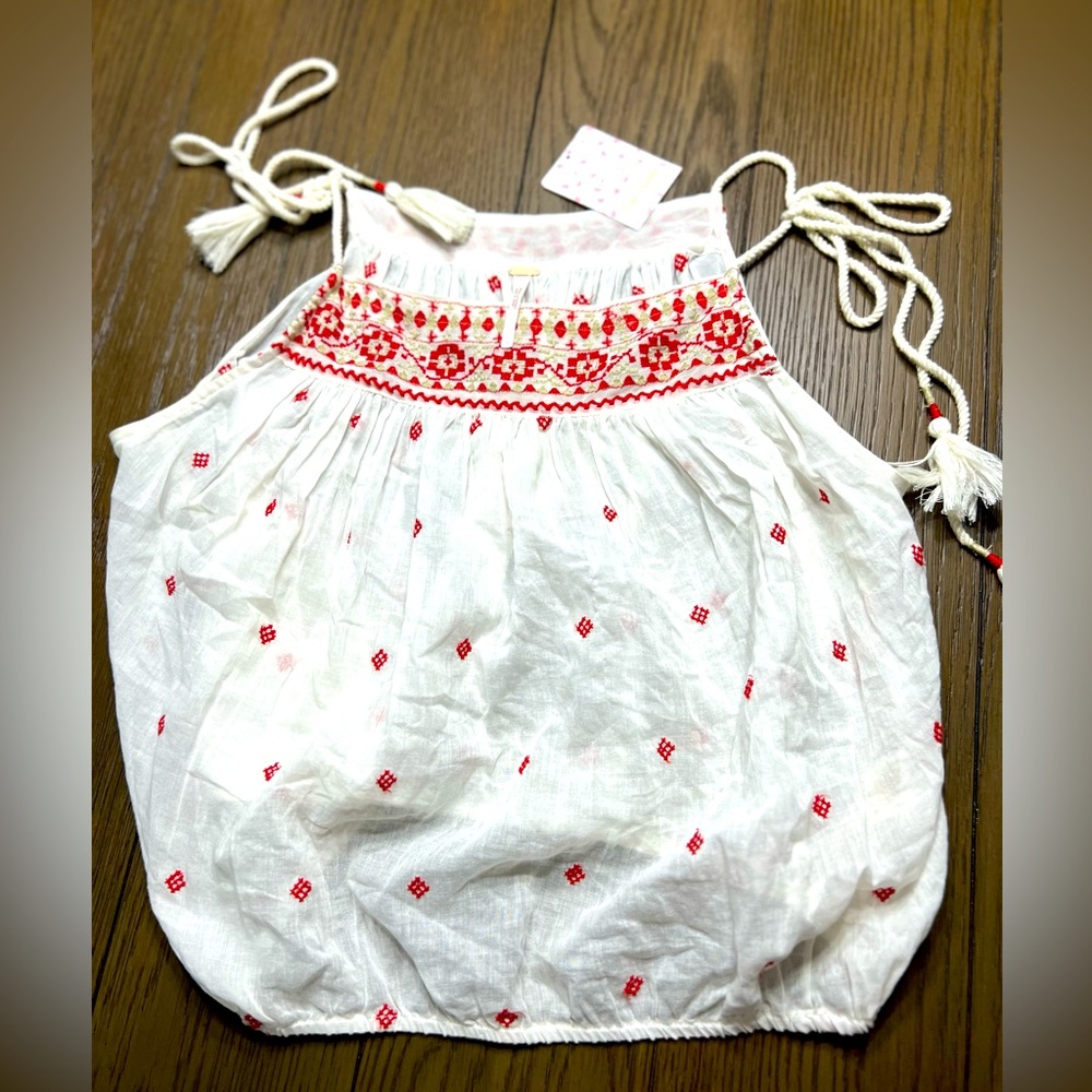 FREE PEOPLE Eternal Love Embroidered Top in White & Red Large